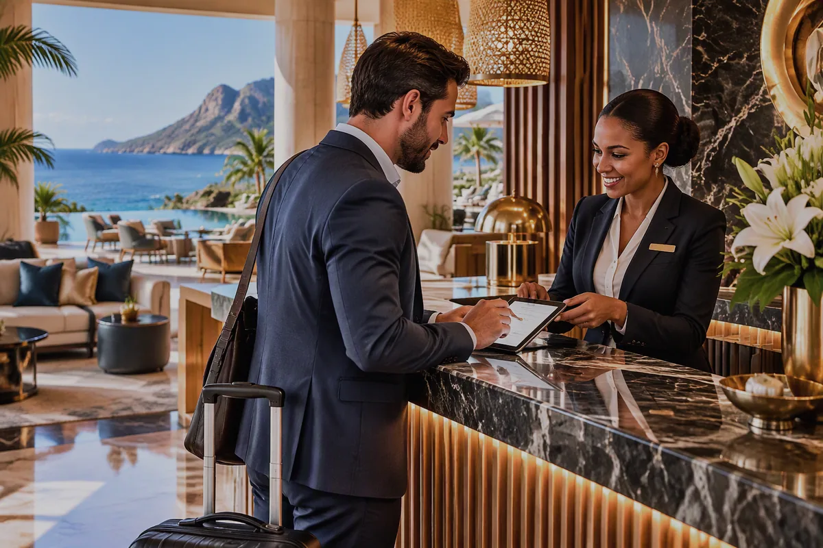 Atendimento na receção de um hotel.